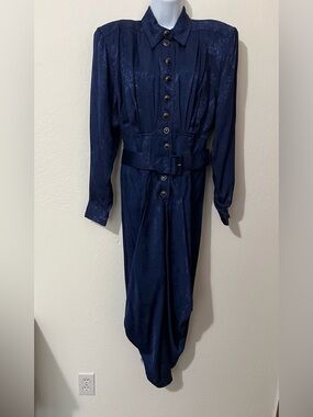 Karen Alexander Vintage Royal Blue Button-Front Belted Midi Dress